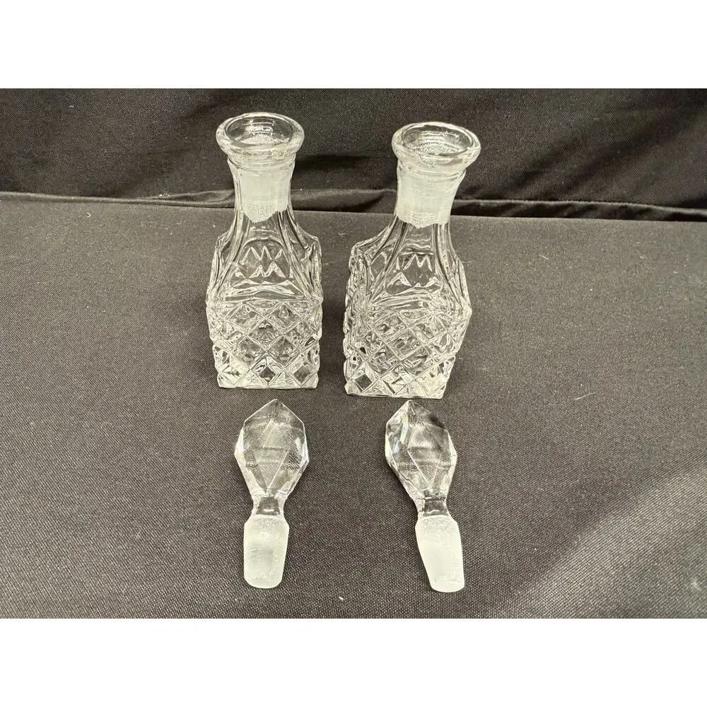 Rare Mini Crystal Clear Glass Cruets & Jam Jar W/ Spoon Set Of 3 Square Vintage